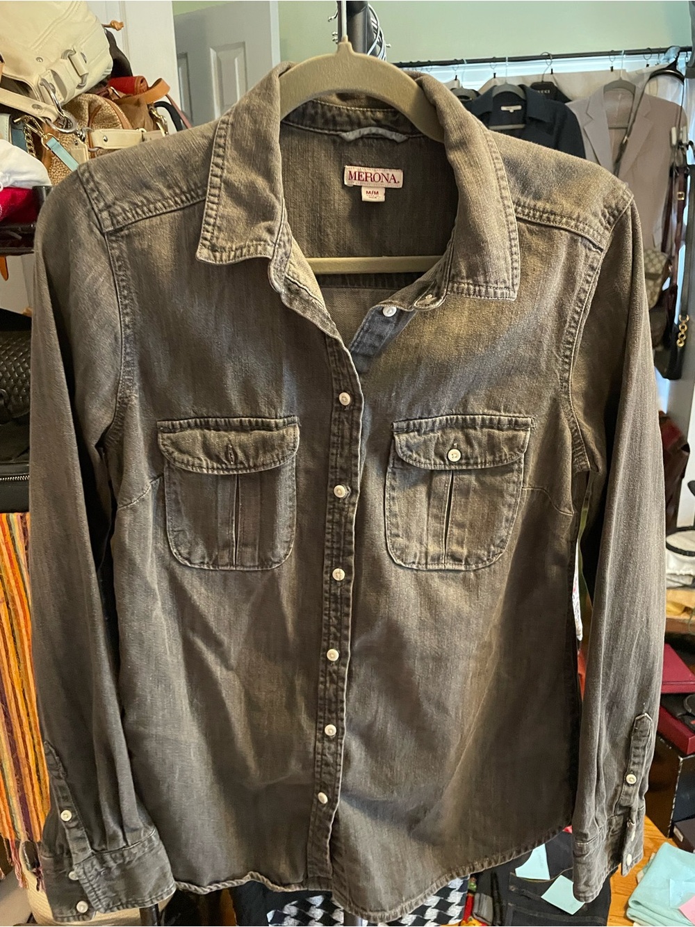 Merona Gray Chambray Button Down Shirt Casual Utility Top M